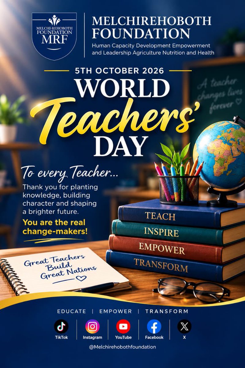 MelchirehobothF's tweet photo. Celebrating the amazing teachers shaping minds, inspiring dreams, and building the future. 📚💙 Happy World Teachers’ Day!
— Melchirehoboth Foundation 💙
#WorldTeachersDay #MelchirehobothFoundation #TeachersMatter https://t.co/1lHrZIcah0