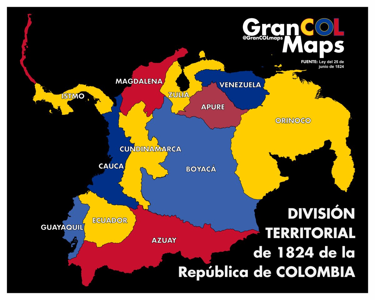 GranCOLmaps's tweet photo. DIVISIÓN TERRITORIAL de 1824 de la República de Colombia (Gran Colombia) 🗺️ https://t.co/aZShpNILi2