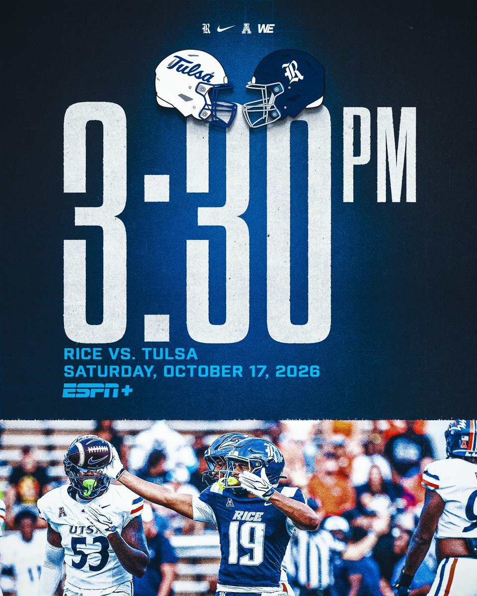 RiceFootball's tweet photo. Afternoon kick time for Tulsa on 10/17.

https://t.co/zUeKeXOOg8

#WE x @RepTheR 👐 https://t.co/Ykbjb25LWH