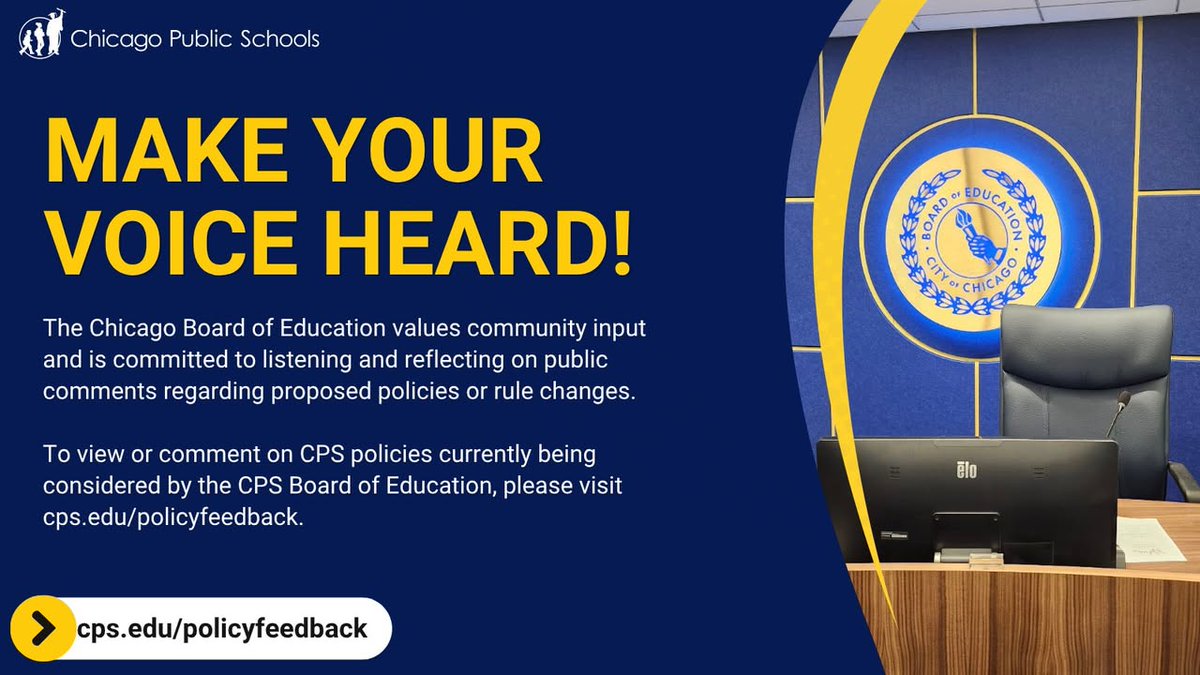 ChiPubSchools's tweet photo. Make your voice heard! To view or comment on CPS policies currently being considered by the Chicago Board of Education, please visit https://t.co/9dqjZNVwL5.
___
¡Haz oír tu voz! Para ver o comentar sobre las políticas de CPS actualmente bajo consideración de la Junta de Educación de Chicago, en español visite https://t.co/9dqjZNVwL5.
