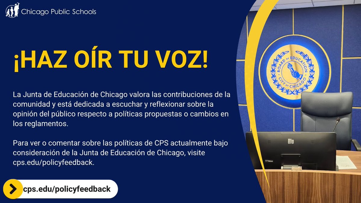 ChiPubSchools's tweet photo. Make your voice heard! To view or comment on CPS policies currently being considered by the Chicago Board of Education, please visit https://t.co/9dqjZNVwL5.
___
¡Haz oír tu voz! Para ver o comentar sobre las políticas de CPS actualmente bajo consideración de la Junta de Educación de Chicago, en español visite https://t.co/9dqjZNVwL5.
