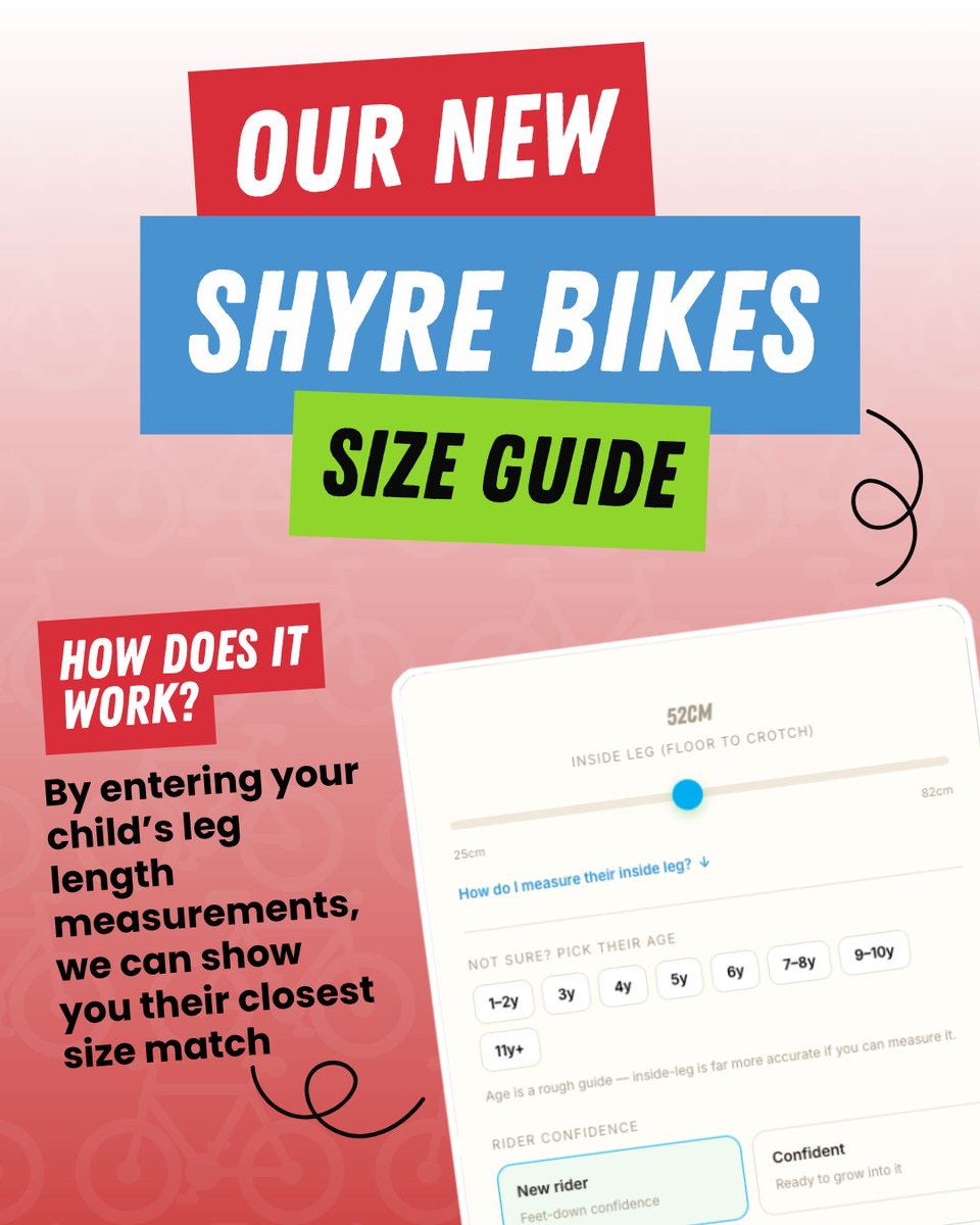 Shyrebikes's tweet photo. Not sure what bike size to get? 👀 

Well... we've got something to help. On our website you can now put in your child's measurements to find which bike size we would recommend as the best fit.

It makes shopping so much easier, especially with Christmas coming up!🎁 https://t.co/3DDswuBCdz
