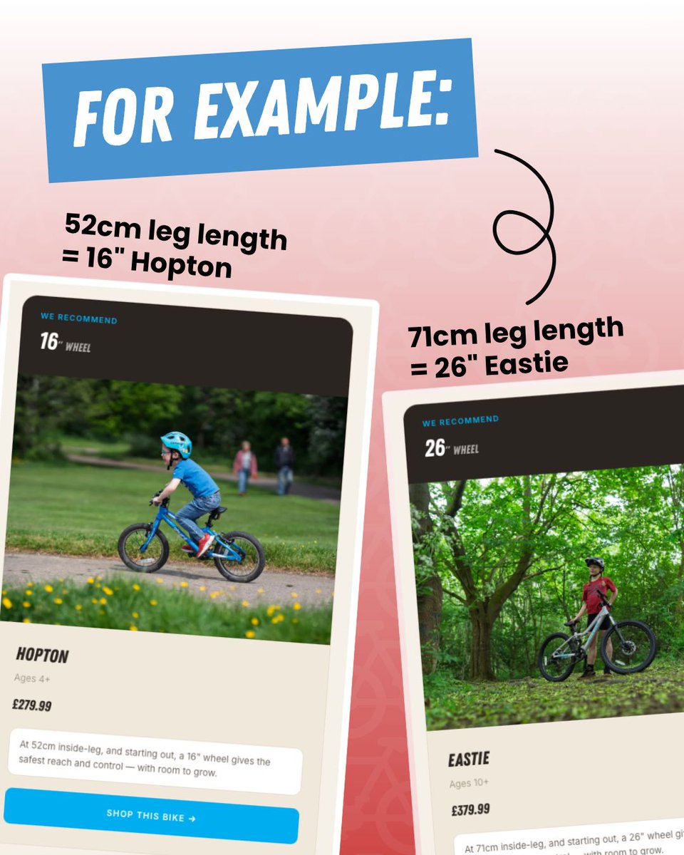 Shyrebikes's tweet photo. Not sure what bike size to get? 👀 

Well... we've got something to help. On our website you can now put in your child's measurements to find which bike size we would recommend as the best fit.

It makes shopping so much easier, especially with Christmas coming up!🎁 https://t.co/3DDswuBCdz