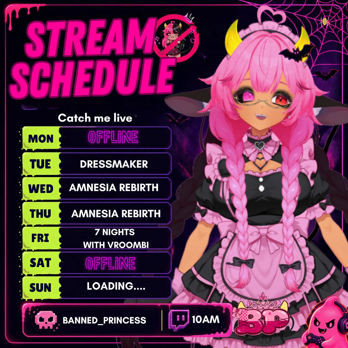 Banned_Princess's tweet photo. SCHEDULE FOR THIS WEEK ONLY ON TWITCH
 Come check me out! 
https://t.co/km0yus3yNK https://t.co/H93pk5cU9a