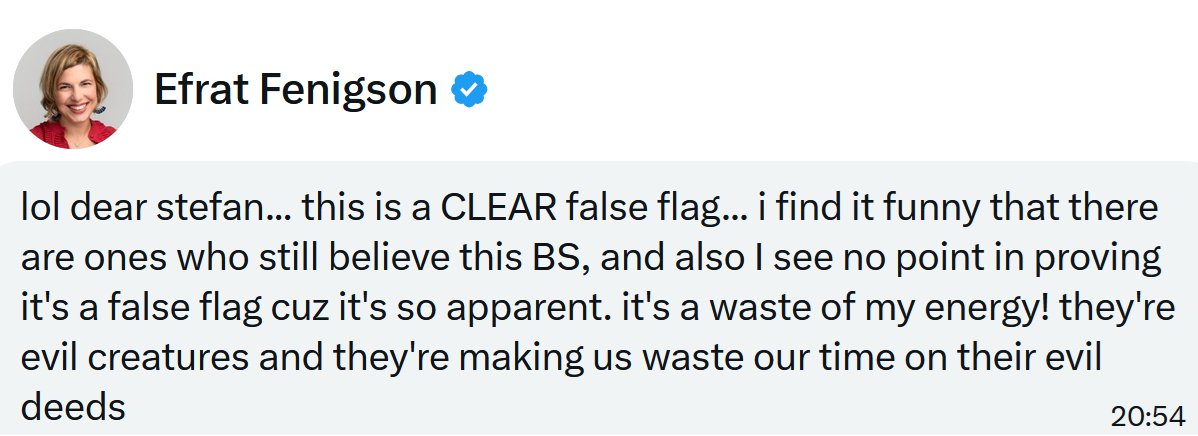 SHomburg's tweet photo. Gestern fragte ich meine israelische Freundin @efenigson nach FlyDubai. Sie ist Journalistin, wurde 2022 vom „Wall Street Journal” als Top Tech Leader ausgezeichnet und lehnte es rundweg ab, eine derart armselige PsyOp zu kommentieren. Trotzdem, danke Efrat!

Hintergrund: Efrat findet es lustig, dass einige an solch einen Stuss glauben. Ich finde es traurig, dass dies in Deutschland sogar die überwältigende Mehrheit tut.

Sie glauben nicht nur an den heldenhaften Klempner, der 12 Stunden später noch immer ein blutverschmiertes Hemd vor der Kamera trägt, sondern auch an den Leipziger Drohnentöter aus dem Bus. An die Epstein-Gates-Seuche sowieso. Einige, die mich 2020 als „Mörder” attackierten, schreiben mir nun, ok, ich hätte damals Recht gehabt, aber jetzt ... 

In Israel hingegen laufen knallharte KI-Videos, in denen der Captain und der Terrorist auf dem Flugzeug tänzelnd kämpfen, nach Art von „Fluch der Karibik”. Ich habe lange überlegt, aber so etwas kann ich meiner deutschen Kundschaft nicht zumuten.