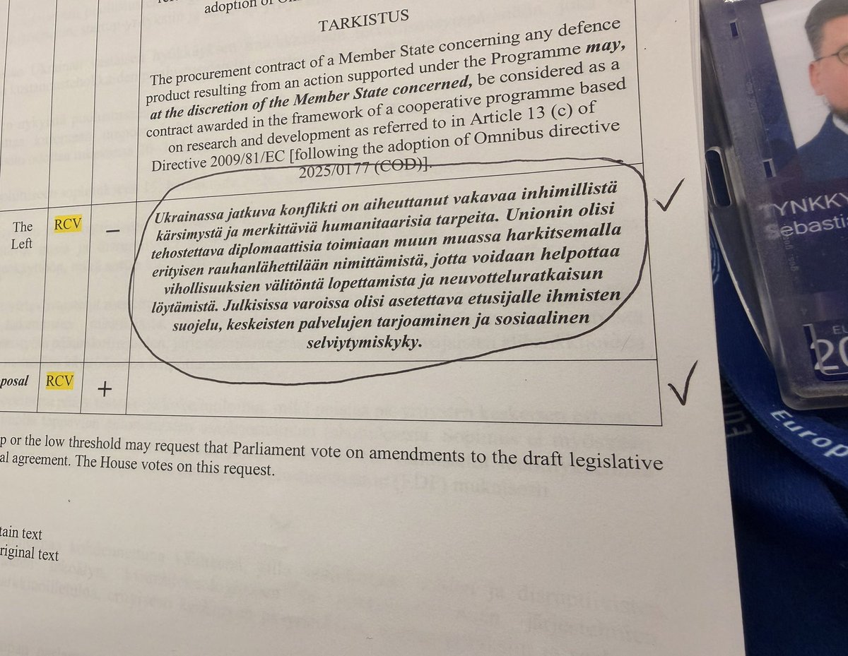 SebastianTyne's tweet photo. Vasemmisto, mitä uskomatonta paskaa?

Käyn läpi huomenna äänestettävät listat ja tällainen lisäysehdotus oli ilmestynyt puolustusalan vauhdittamisen ohjelmaan.

Kyseessä ei ole yksittäisen vasemmistomepin ehdotus, vaan tätä esittää koko vasemmistoryhmä.

Suomesta tuohon ryhmään kuuluvat Li Andersson, Merja Kyllönen ja Jussi Saramo.

Miten kukaan suomalainen poliitikko voi kuulua noin pimeään ryhmään?