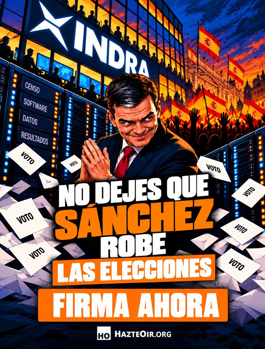 hazteoir's tweet photo. 🚨 URGENTE

🔒 El recuento del 29N lo hará Indra, contratada por el Gobierno de Sánchez, con un sistema auditado a puerta cerrada.

⌛ Debemos actuar antes de que sea tarde.

✊ FIRMA AHORA y di NO al recuento a oscuras de Sánchez e Indra.

✍️ Firma aquí: https://t.co/vAS48xdVK7 https://t.co/oo6a5gygUW