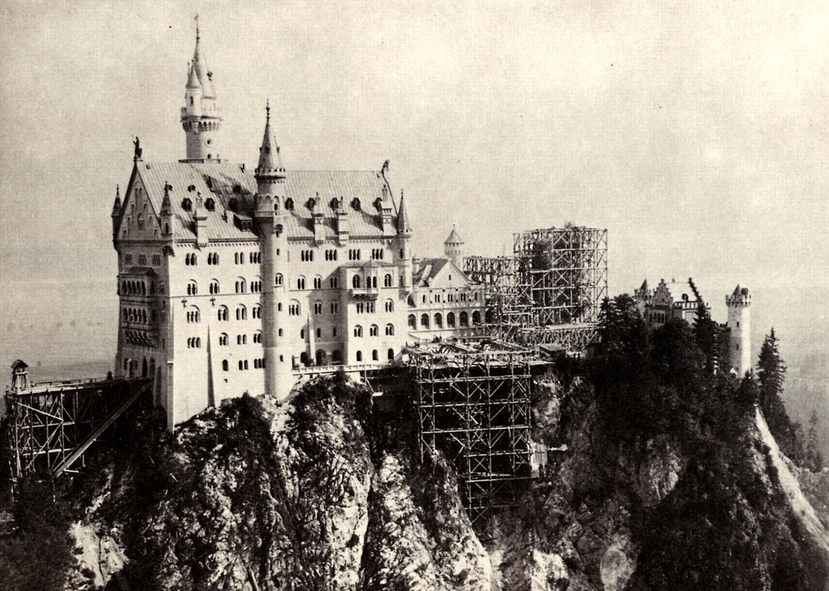 wikivictorian's tweet photo. Neuschwanstein castle under construction. Photographed in Germany in the 1880s. https://t.co/89CqFT93kb