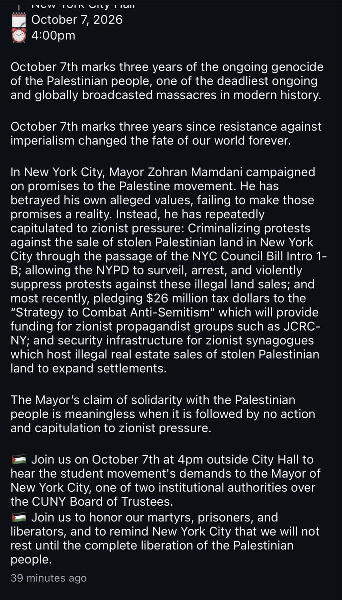 luketress's tweet photo. Anti-Zionist groups announce a “resistance” rally outside New York’s City Hall on October 7, criticize Mamdani for “betrayal” https://t.co/jc9PVdDBrS