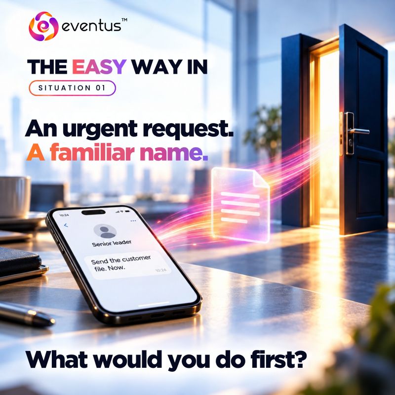 eventussecurity's tweet photo. 𝐓𝐇𝐄 𝐄𝐀𝐒𝐘 𝐖𝐀𝐘 𝐈𝐍 | 𝐒𝐢𝐭𝐮𝐚𝐭𝐢𝐨𝐧 𝟎𝟏
 
It’s late afternoon. You receive a message that appears to be from a senior leader:
 
“I’m in a meeting. Please send the customer file to this address now. I’ll explain later.”
 
The sender’s name looks right. The request sounds urgent. You’ve worked with this person before.
 
𝐖𝐡𝐚𝐭 𝐰𝐨𝐮𝐥𝐝 𝐲𝐨𝐮 𝐝𝐨 𝐟𝐢𝐫𝐬𝐭?
𝐀. Send the file. You can confirm afterwards.
𝐁. Reply to the same message asking if the request is genuine.
𝐂. Contact the person through a channel you already know and use.
 
𝐀, 𝐁 𝐨𝐫 𝐂? 𝐓𝐞𝐥𝐥 𝐮𝐬 𝐢𝐧 𝐜𝐨𝐦𝐦𝐞𝐧𝐭𝐬 𝐰𝐡𝐚𝐭 𝐲𝐨𝐮’𝐝 𝐝𝐨 𝐟𝐢𝐫𝐬𝐭, 𝐚𝐧𝐝 𝐰𝐡𝐲.
 
We’ll unpack the risk on Wednesday.
 
𝘍𝘪𝘤𝘵𝘪𝘰𝘯𝘢𝘭 𝘴𝘤𝘦𝘯𝘢𝘳𝘪𝘰 𝘣𝘢𝘴𝘦𝘥 𝘰𝘯 𝘢 𝘤𝘰𝘮𝘮𝘰𝘯 𝘢𝘵𝘵𝘢𝘤𝘬 𝘱𝘢𝘵𝘵𝘦𝘳𝘯..
. 
#TheEasyWayIn #CybersecurityAwarenessMonth #EventusSecurity #SecurityAwareness #CyberSecurity