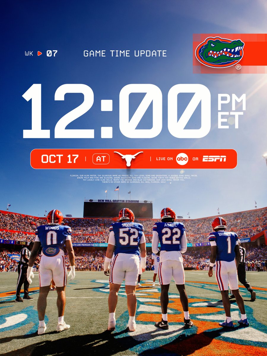 GatorsFB's tweet photo. Game time at Texas is set ✍️

ℹ️ https://t.co/7ay9t5ENRZ https://t.co/BsFz8NGUav