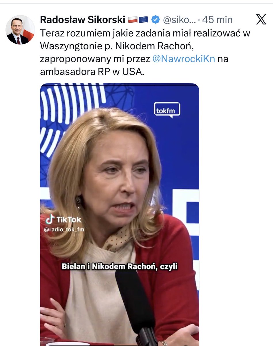 marcin_przydacz's tweet photo. Uprzejmie informuję, że porozumienie w sprawie ambasadorów zostało zaakceptowane przez Pana Sikorskiego. Zablokował je premier D. Tusk.

Jedną z ambasad uzgodnionych była ta w Waszyngtonie. 

Są więc tylko dwie możliwości.
1. Pan Sikorski zgodził się na Nikodema Rachonia w Waszyngtonie, ale zablokował to Premier
Lub 
2. Nikodem Rachon nie był tym uzgodnionym kandydatem (było inne nazwisko). A Pan Sikorski kłamie.

Ja się przychylam do tej drugiej możliwości, a Państwo?

Sikorski kłamie czy zgodził się na N. Rachonia w Waszyngtonie?