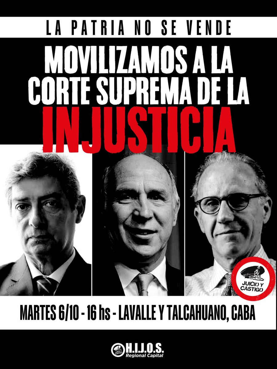 hijos_capital's tweet photo. La Patria no se vende

Movilizamos a la Corte

Martes 6/10, 16 horas

Lavalle y Talcahuano https://t.co/7InzWCft14