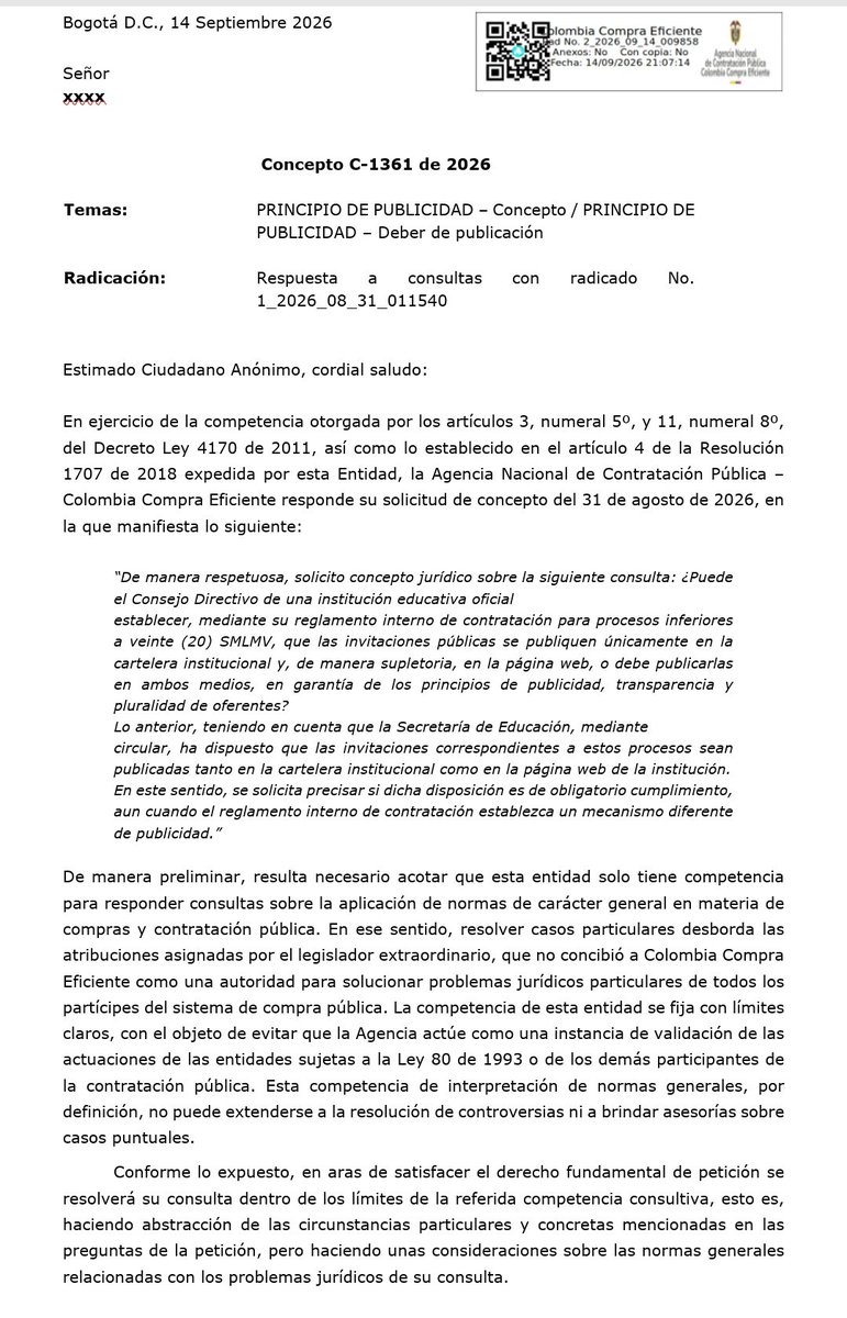VirgilioReyes12's tweet photo. 🚨OJO Rectores Los contratos de las I.E. oficiales inferiores a 20 SMLMV no están exentos de publicidad. El Concepto C-1361/2026 de Colombia Compra Eficiente exige publicidad electrónica: página web institucional y SECOP, según corresponda. La cartelera no sustituye estos medios. https://t.co/o7Tl5ZsvKP