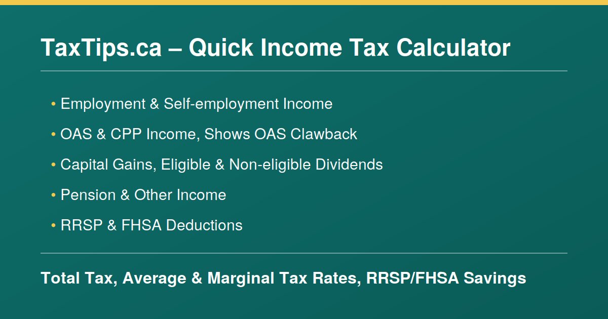 TaxTipsCdn's tweet photo. 2026 &amp; 2025 Quick Tax Calculator - Better Print Report

The printed report has been revised to show the details of how your tax payable is calculated, including all tax credits applied.
#CdnTax #BestQuickCalculator #employees #investors #seniors
https://t.co/CX6GToIMwE https://t.co/e1w0uxymWI
