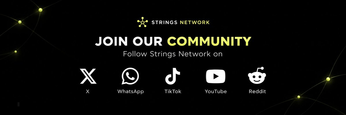 StringNets's tweet photo. 📢 Stay connected with Strings Network

Follow our official channels for project updates, announcements, and news from the team.

A growing, engaged community can help increase Strings’ visibility and support future conversations with exchange partners when the project is ready. It doesn’t guarantee a listing—exchanges make their own decisions.

Join us:
X: https://t.co/PcS0Y315x1
WhatsApp: https://t.co/gdmR63TyHi
TikTok: https://t.co/bkN5o1LBnh
YouTube: https://t.co/mFJh2XMc6Q

Thank you for being part of the Strings community. 💚