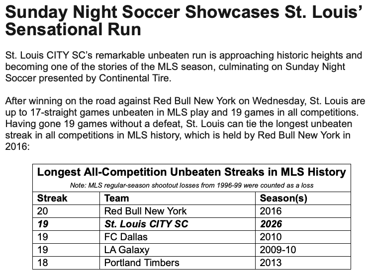 MattBakerSTL's tweet photo. MLS is featuring @stlCITYsc in their news release ahead of next weekend's resumption of play with a hugely important match up ahead.
Love seeing St. Louis take center stage in a hugely positive light ahead of a Sunday Night Soccer featured match. #AllForCITY https://t.co/iXLv4HvMds