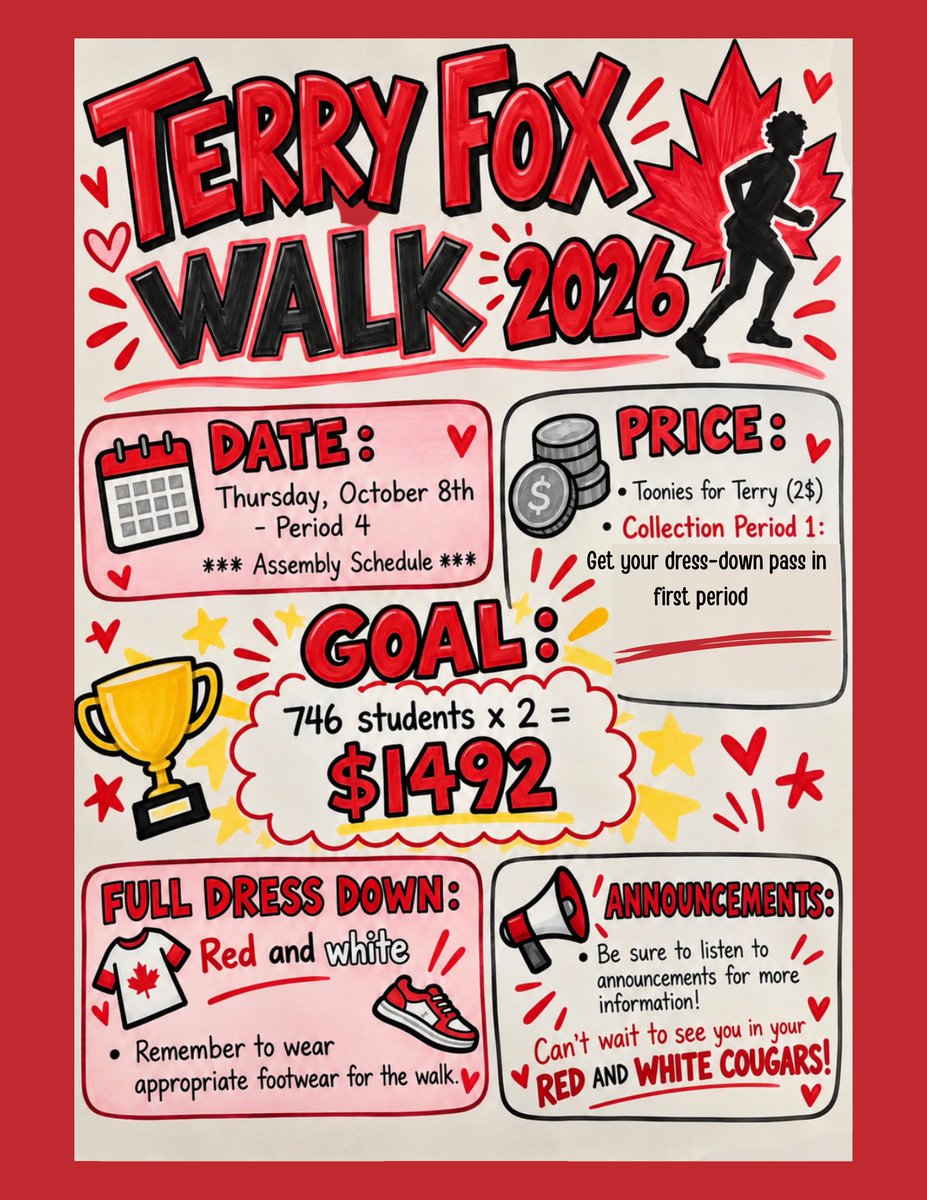 CardinalCarter's tweet photo. Our annual Terry Fox Walk will take place on October 8, 2026. Bring $2, wear red and white clothing, with appropriate footwear. 

All proceeds will go to the Terry Fox Foundation: https://t.co/xIUigYwYyq https://t.co/324hpoDHEj