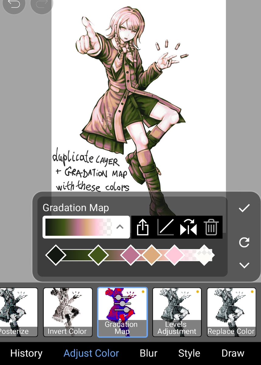Marisart_69's tweet photo. @hysp_hi For the greyscale method, I usually use the 'Color' blending mode, which lets you color on a greyscale, I also use  gradient maps, Here are the colors I usually use for it!^^
You can just merge from canvas, duplicate, clip, set the gradiant map and lower opacity if needed https://t.co/O1Tr0innlO