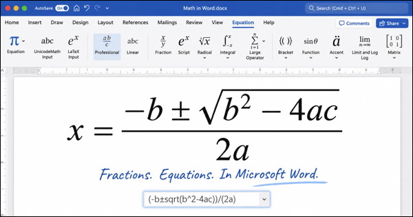 DaveTaylor's tweet photo. Mathematical equations in Microsoft Word? Can do. From basic fractions to surprisingly complex formula, Word's got you covered, and it even supports (most of) LaTeX too... https://t.co/WwKWNQ51BT #word #math #office365 https://t.co/e0Sefiy0lD