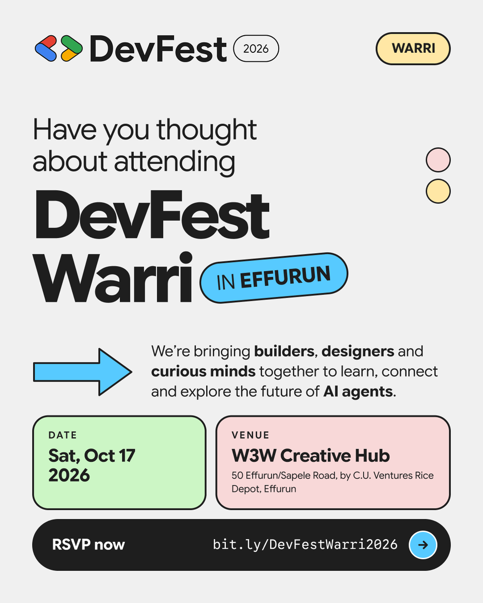 gdg_warri's tweet photo. *Drum roll*

Mark your calendar, clear your schedule! It's DevFest Warri 2026

We are excited to announce that DevFest Warri holds on Saturday October 17, 2026 at the W3W Creative Hub.

RSVP using -> https://t.co/gK5qgF3jpz

#DevFest #DevFestWarri https://t.co/YvJQBEuMLa