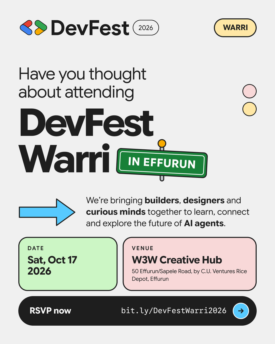 gdg_warri's tweet photo. *Drum roll*

Mark your calendar, clear your schedule! It's DevFest Warri 2026

We are excited to announce that DevFest Warri holds on Saturday October 17, 2026 at the W3W Creative Hub.

RSVP using -> https://t.co/gK5qgF3jpz

#DevFest #DevFestWarri https://t.co/YvJQBEuMLa