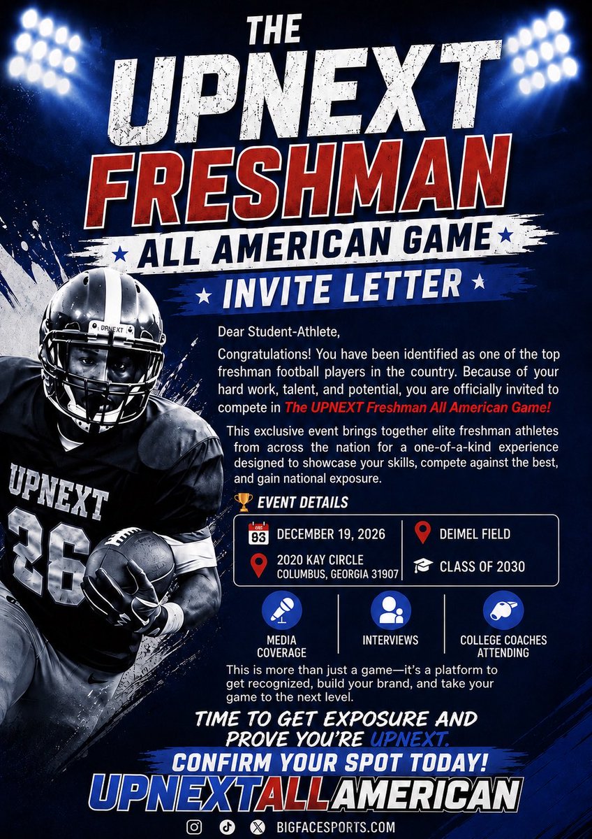 AdamsJerma75964's tweet photo. Blessed to receive a invitation to the up next Freshamn all American game where I can come out and show what I can do ✝️

🗓️December 19 , 2026

📍2020 Kay circle Columbus Georgia
@CoachDezM @southpointeFBSC @247Sports @MaxPreps @BigFaceSportss https://t.co/hXuZkbinwM