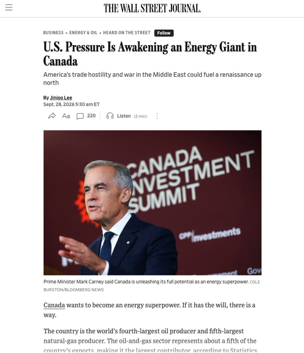 novilabs's tweet photo. Canada is positioning itself as an energy superpower, but new infrastructure is only part of the equation.
#TheWallStreetJournal explores how proposed pipelines and #LNGprojects could diversify #Canadianenergy exports beyond the #US, opening greater access to #Asian and #globalmarkets.
Novi Labs’ Mike Dunn highlights the investment challenge: even with strong oil prices and healthy balance sheets, Canadian oil producers need greater clarity on the investment framework before committing to multibillion-dollar expansion projects.
Read the full article https://t.co/MupiMFKqFL