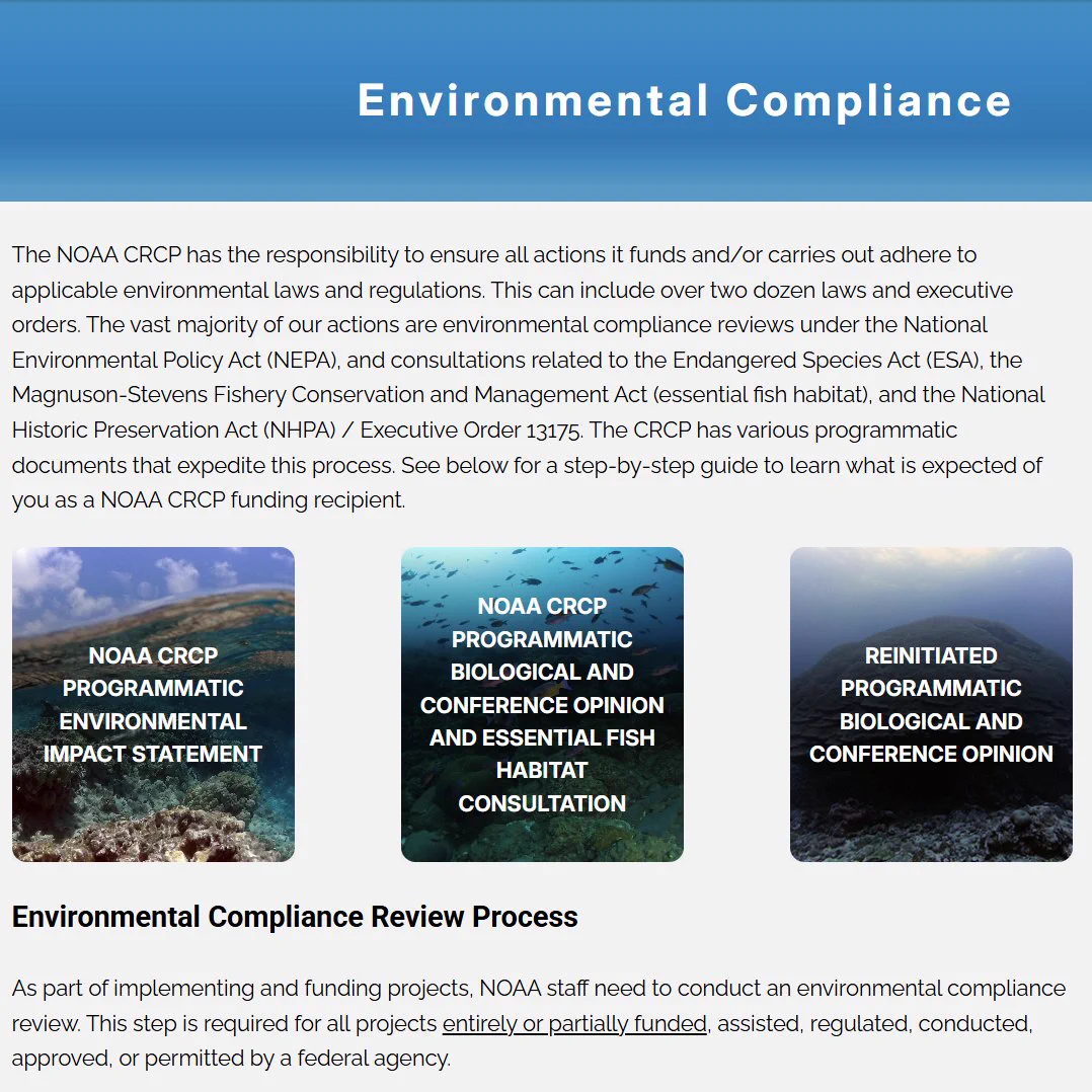 A screenshot of a webpage with the title Environmental compliance at the top and three photo blocks with titles of reports on them below
