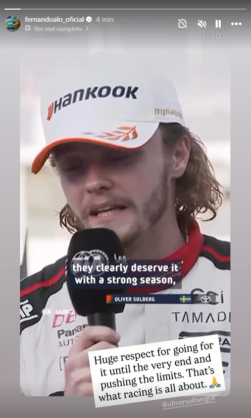 Nachez98's tweet photo. ❤️ Fernando Alonso, que sabe lo que es quedarse a las puertas de un Mundial, muestra sus respetos a Oliver Solberg tras quedarse a nada de conseguir el Mundial de Rally

👉 Solberg llegó al último tramo jugándose el título con Elfyn Evans y se salió cuando estaba atacando al límite

"Muchísimo respeto por ir a por ello hasta el final y llevar los límites al máximo. De eso se tratan las carreras 🙏"