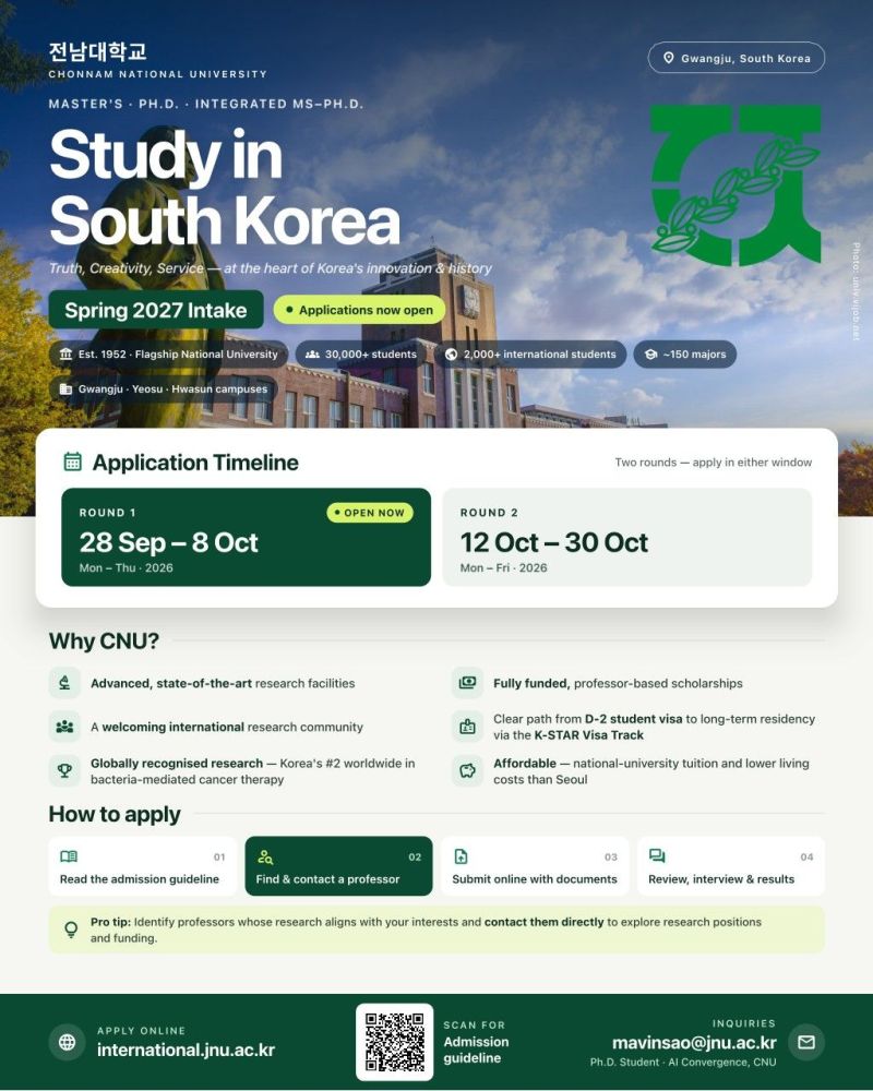opportunityhub4's tweet photo. Chonnam National University Scholarships 2027 in South Korea (Fully Funded)
https://t.co/Jf7mipHYdU
✅ 100% First-Semester Tuition Waiver
✅ Global Top-Tier, TOPIK & SRS/BK SRS Tracks
✅ IELTS 5.5+ or TOPIK ok
✅ Round 2 Deadline: 30 October 2026
#StudyInKorea #Scholarships https://t.co/lEYGwlK7qE