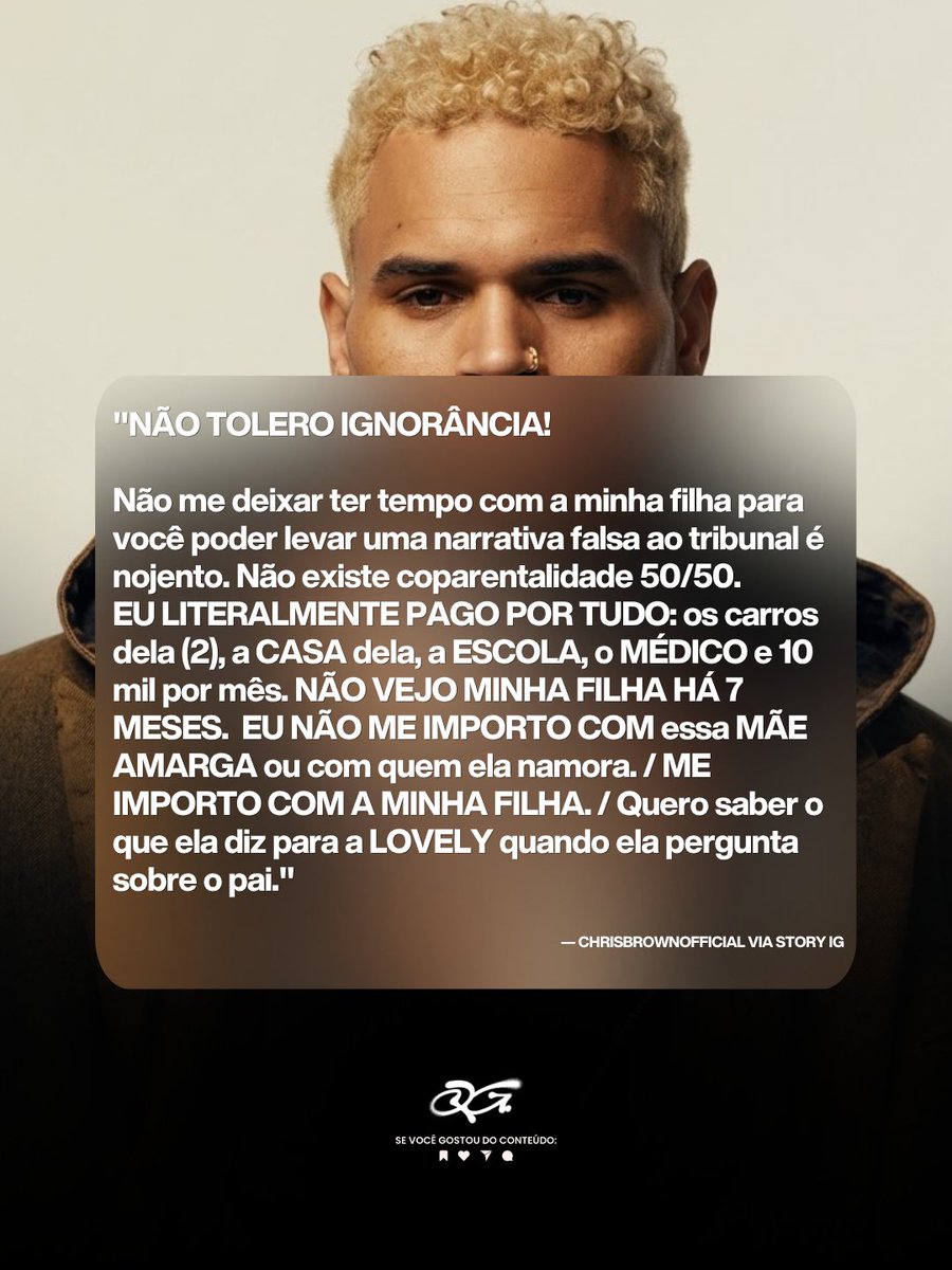QGBreezy's tweet photo. 🚨 — Chris Brown perde a paciência e solta o verbo contra a Diamond Brown, mãe da sua filha Lovely em storys no Instagram. 

Hoje, (05), o TMZ soltou uma matéria dizendo que a Diamond está afirmando que o Chris Brown está ameaçando ela, não quer ver ela se relacionando com outros homens e não tem contato com a filha. 

Chris Brown prontamente foi ao Instagram mostrar o seu lado da versão. Ele afirma que ela não deixa ele ver a filha e está há 7 meses sem contato com ela. Ele disse que banca por tudo, moradia, carros, pensão, convênio médico, TUDO. Mas não pode ter tempo com a filha.