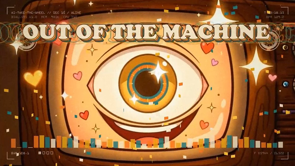 A stylized animated title card reading 'OUT OF THE MACHINE' with a large cartoonish eye, surrounded by hearts, stars, and confetti in a vibrant retro-futuristic design.