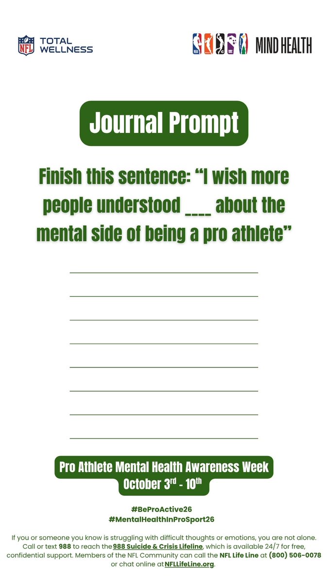 NFLFootballOps's tweet photo. @nbacares Today’s PAMHAW reflection is a journal prompt. 

Take the time to complete the sentence: ‘I wish more 
people understood ___ about the mental side of being a pro athlete.’

#MentalHealthInProSport26 
#BeProActive26 https://t.co/tJfru90ugW