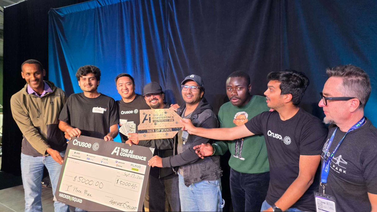 CrusoeAI's tweet photo. 350+ participants. 88 projects. That’s a wrap on @aiconference’s Hack Day 2026!

Huge thanks to @achampiong and the @CrusoeDev team for showing up and supporting the builders. 

🏆 3 winners used Managed Inference: 🔗 https://t.co/eKiqQ4WmUW 

#Hackathon #Inference https://t.co/Ig8QiAdc5P