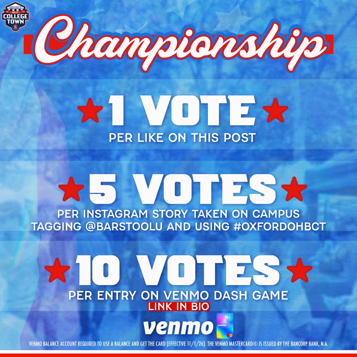 BarstoolMiamiU's tweet photo. OXFORD IT'S TIME TO BRING THIS HOME 

1 vote-like this post 
5 votes- story tagging Barstool U and #oxfordohBCT 
10 votes- Play the Venmo game in bio 

Voting ends Thursday 11:59 ET 

Presented by @venmo https://t.co/R6nH9adQAQ