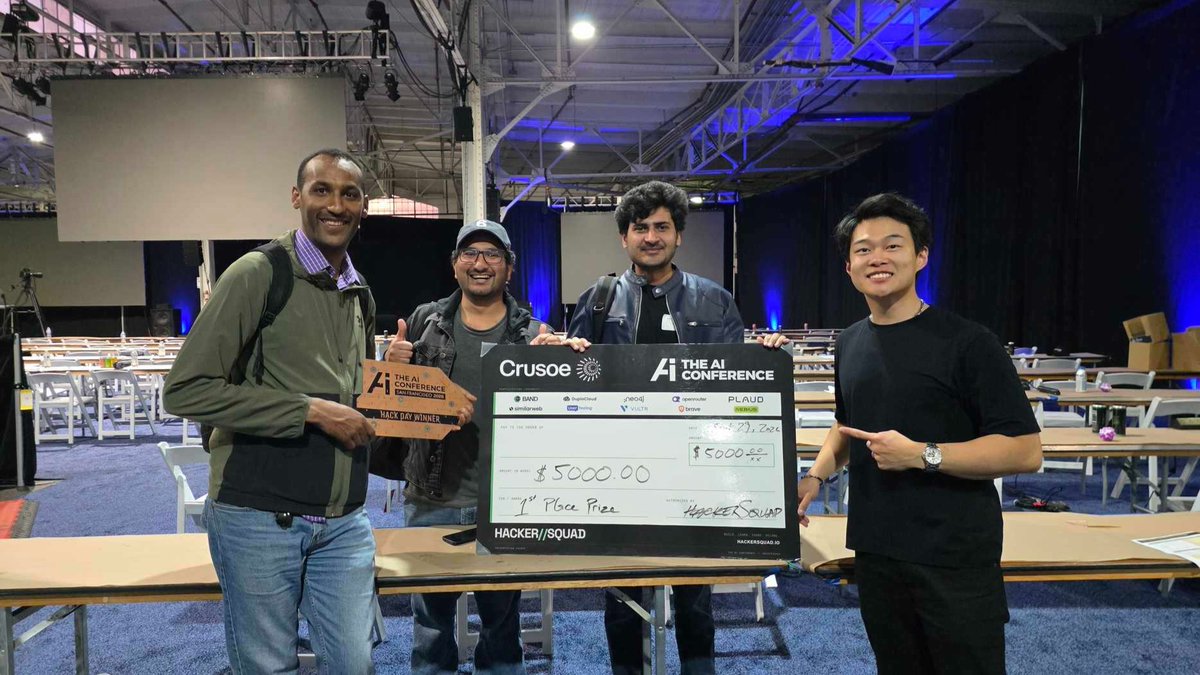 CrusoeAI's tweet photo. 350+ participants. 88 projects. That’s a wrap on @aiconference’s Hack Day 2026!

Huge thanks to @achampiong and the @CrusoeDev team for showing up and supporting the builders. 

🏆 3 winners used Managed Inference: 🔗 https://t.co/eKiqQ4WmUW 

#Hackathon #Inference https://t.co/Ig8QiAdc5P