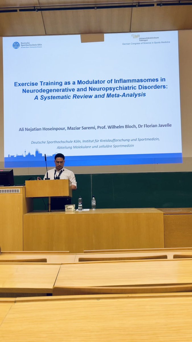 npi_dshs's tweet photo. Throwback to Ali’s presentation at the GCSSM in Tübingen. As one of our PhD students, he presented relevant findings on how exercise modulates inflammasomes in neurodegenerative &amp; -psychiatric disorders. Great to see our team’s work being discussed at such an exciting congress! https://t.co/DRwI8rXVFS