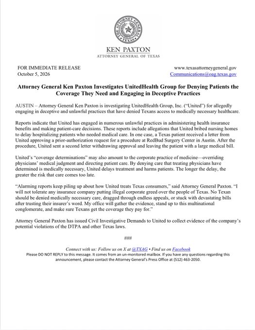 GuntherEagleman's tweet photo. KEN PAXTON JUST OPENED AN INVESTIGATION INTO UNITEDHEALTH GROUP FOR DENYING PATIENTS THE COVERAGE THEY NEED.

He's also looking at whether the company used deceptive practices to keep people from getting care.

This is what a real attorney general does, go after powerful corporations when they rip off sick Americans.

Texas families pay premiums every month and then get told no when they actually need help.

Democrats talk about healthcare all day, and Paxton is the one putting a company under the microscope.

That's why Texas needs him in the Senate, because he fights for people instead of protecting the powerful.