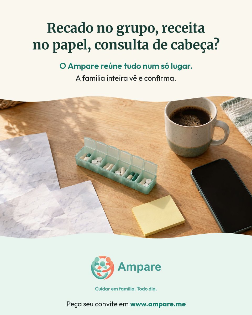 GiuseppePadilha's tweet photo. Cuidar de alguém da família costuma virar recado em grupo de WhatsApp, receita em papel e consulta anotada de cabeça. O Ampare reúne tudo num só lugar para a família inteira ver e confirmar. Peça seu convite: https://t.co/ZEEwBp1w2p #Ampare #CuidadoEmFamília https://t.co/7wxSgh1JAj