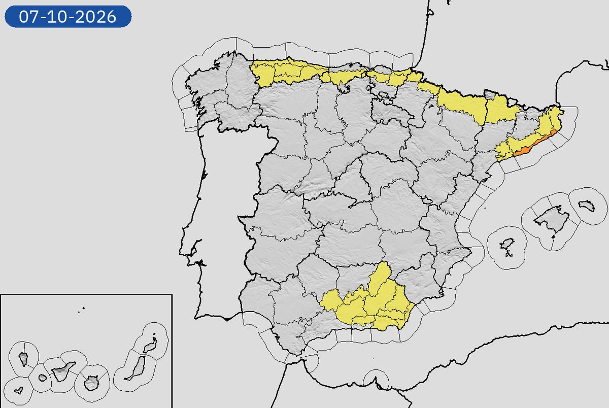 AEMET_Esp's tweet photo. 05/10 19:24 AVISOS PASADO MAÑANA | España: lluvias y tormentas. Nivel máximo de aviso: naranja.
Actualizaciones en https://t.co/BLdoSsO2Qv https://t.co/Kli91wlG7T