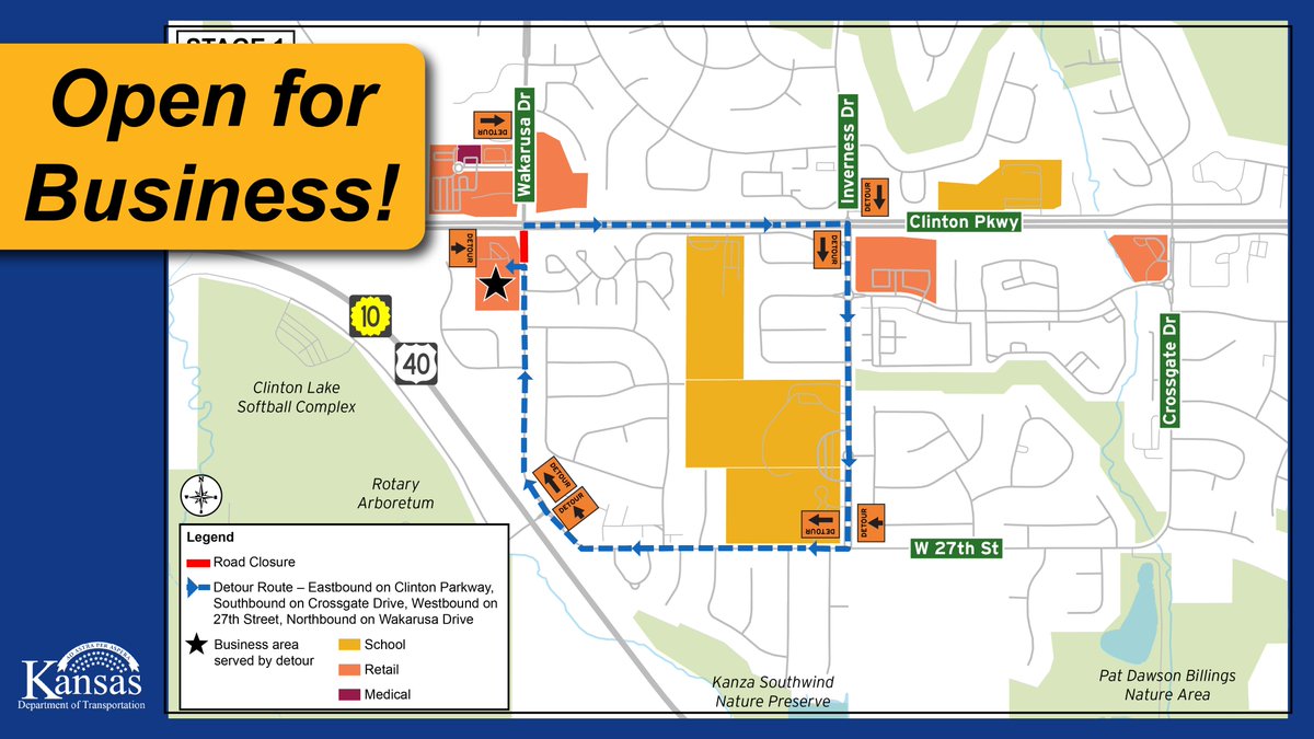 NEKansasKDOT's tweet photo. 📣Your favorite businesses are still open! Use the detour map to access businesses along Wakarusa in Lawrence during construction. 

@lawrenceks @LawrenceChamber https://t.co/Q9Jb9jJYs7