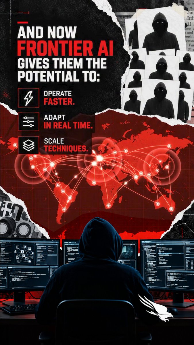 A poster warning about "FRONTIER AI" giving potential threats the ability to "OPERATE FASTER," "ADAPT IN REAL TIME," and "SCALE TECHNIQUES," illustrated with hooded figures, a world map with network lines, and a hacker at multiple monitors.