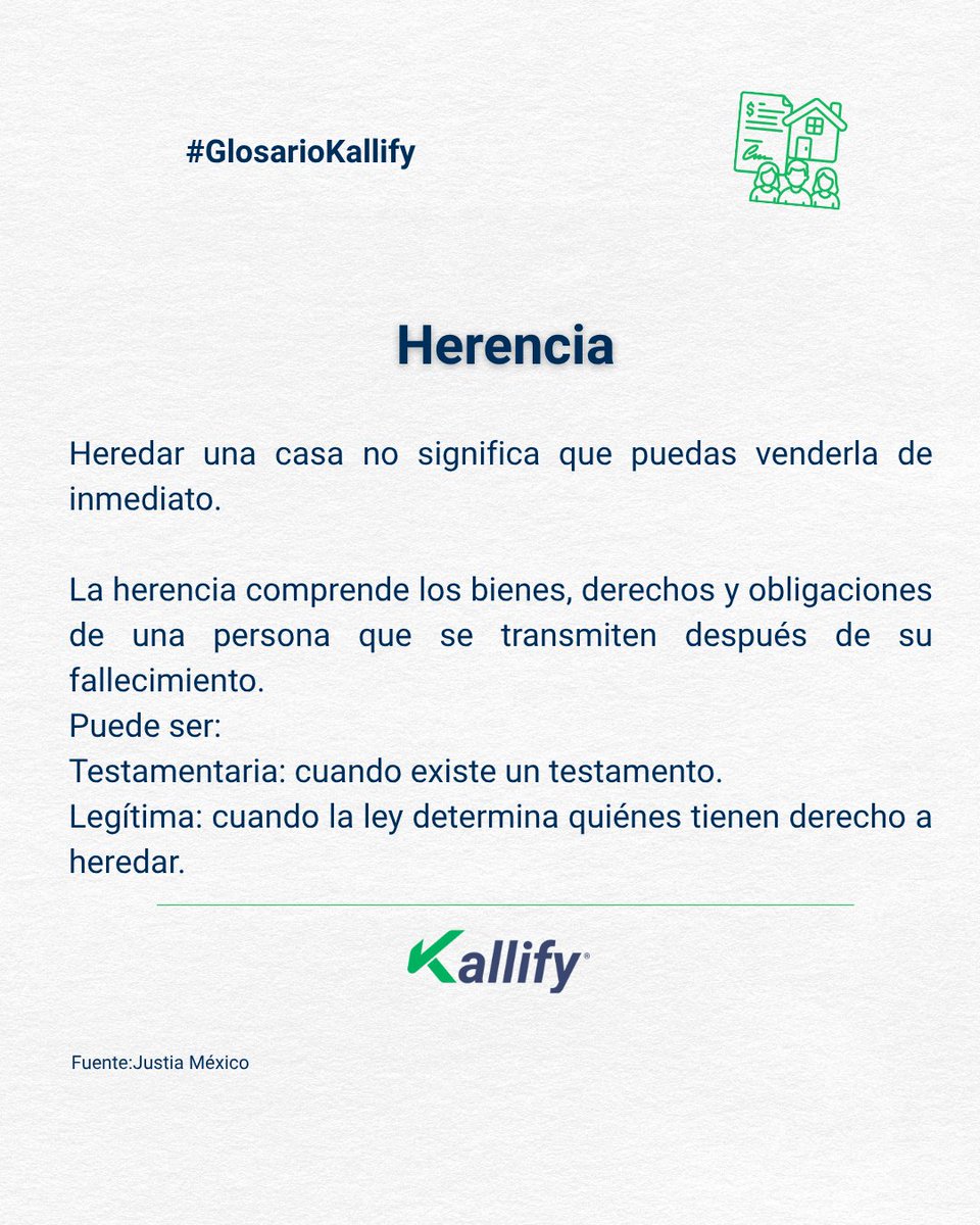 kallifymx's tweet photo. #GlosarioKallify | ¿Heredaste una propiedad? Tener el testamento no significa que ya puedas venderla. 🏡
💡Cuando un #inmueble forma parte de una herencia, es importante saber quiénes tienen derechos sobre él y en qué etapa se encuentra el proceso sucesorio.
Dependiendo del caso, puede existir un #testamento o ser la ley la que determine quiénes pueden heredar. Y si son varias personas, también será necesario considerar los derechos de cada una antes de disponer del inmueble.
Por eso, antes de vender o iniciar una operación con una propiedad heredada, conviene revisar:
✔️ Quién aparece actualmente como propietario.
✔️ Si existe testamento o sucesión en trámite.
✔️ Quiénes tienen derechos hereditarios.
✔️ La situación registral y documental del inmueble.
✅La #DictaminaciónJurídicaKallify, realizada con el #Notario de tu preferencia, ayuda a revisar la situación del inmueble e identificar los elementos que deben atenderse antes de avanzar con una operación.
#Heredar es recibir un patrimonio. Regularizarlo correctamente es lo que permite disponer de él con mayor claridad.