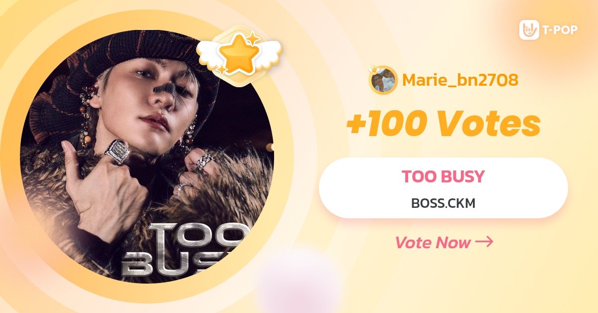 Marie_bn2708's tweet photo. 🚨Tpop week 3 - day 6🚨

Let's get a good ranking for TOO BUSY💪🏻

Please stream on YouTube and Spotify. And vote on Hitz Thailand ✌🏻

 https://t.co/DsRM6vG6SW

😈https://t.co/0dvIAGUriJ

🎧https://t.co/VylkCc4AZN

#TOOBUSY_BOSSCKM
#BOSSCKM #Bosschaikamon

📸 075Mira https://t.co/WvJzBaqE9X