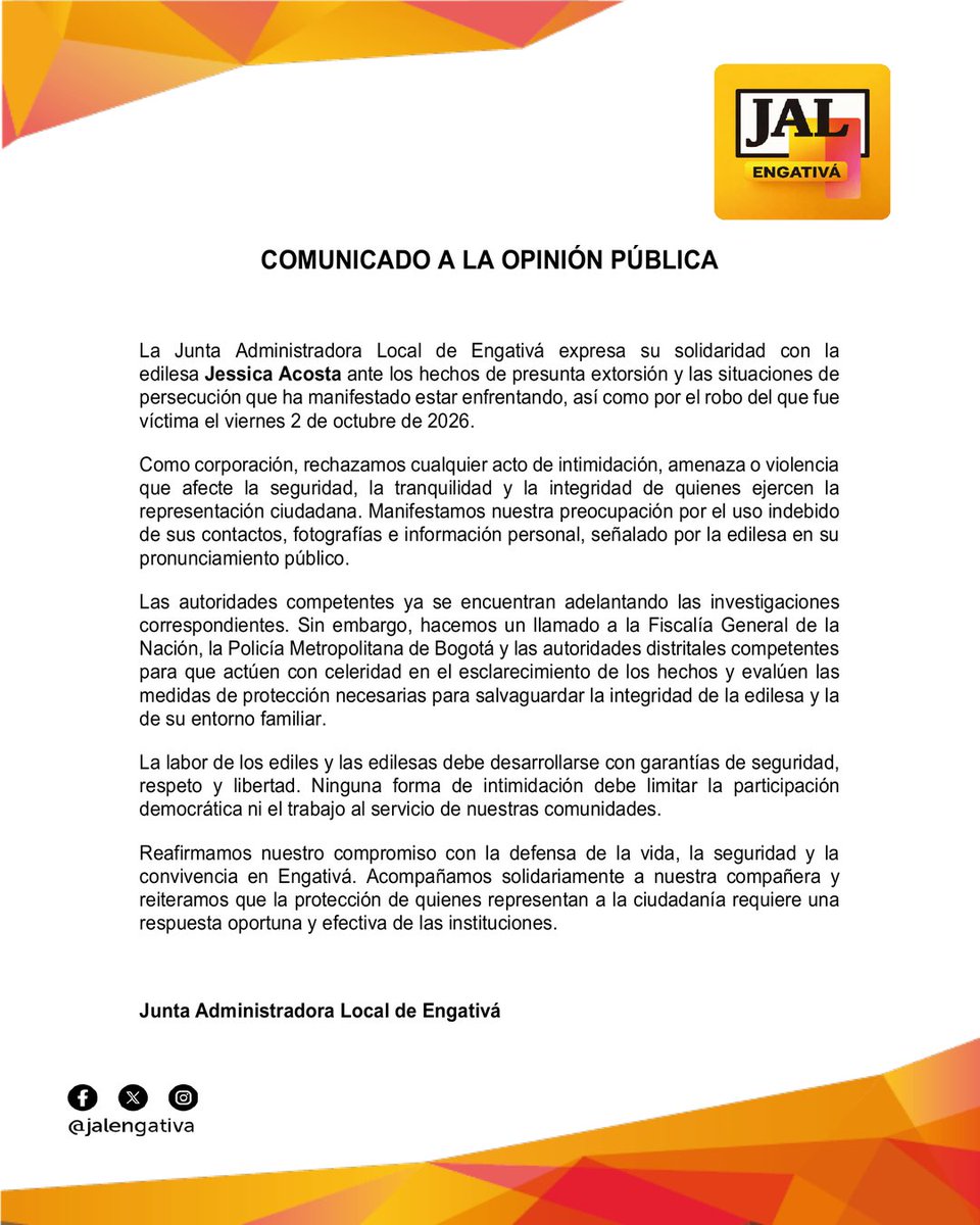 JessicaAco50864's tweet photo. Agradezco  a mis colegas de la @jalengativa por su valioso respaldo y solidaridad. El ejercicio del control político y la representación ciudadana no pueden transformarse en un riesgo para la vida ni la integridad de los actores políticos. La defensa de las garantías democráticas y el trabajo por nuestra comunidad nos unen como corporación.