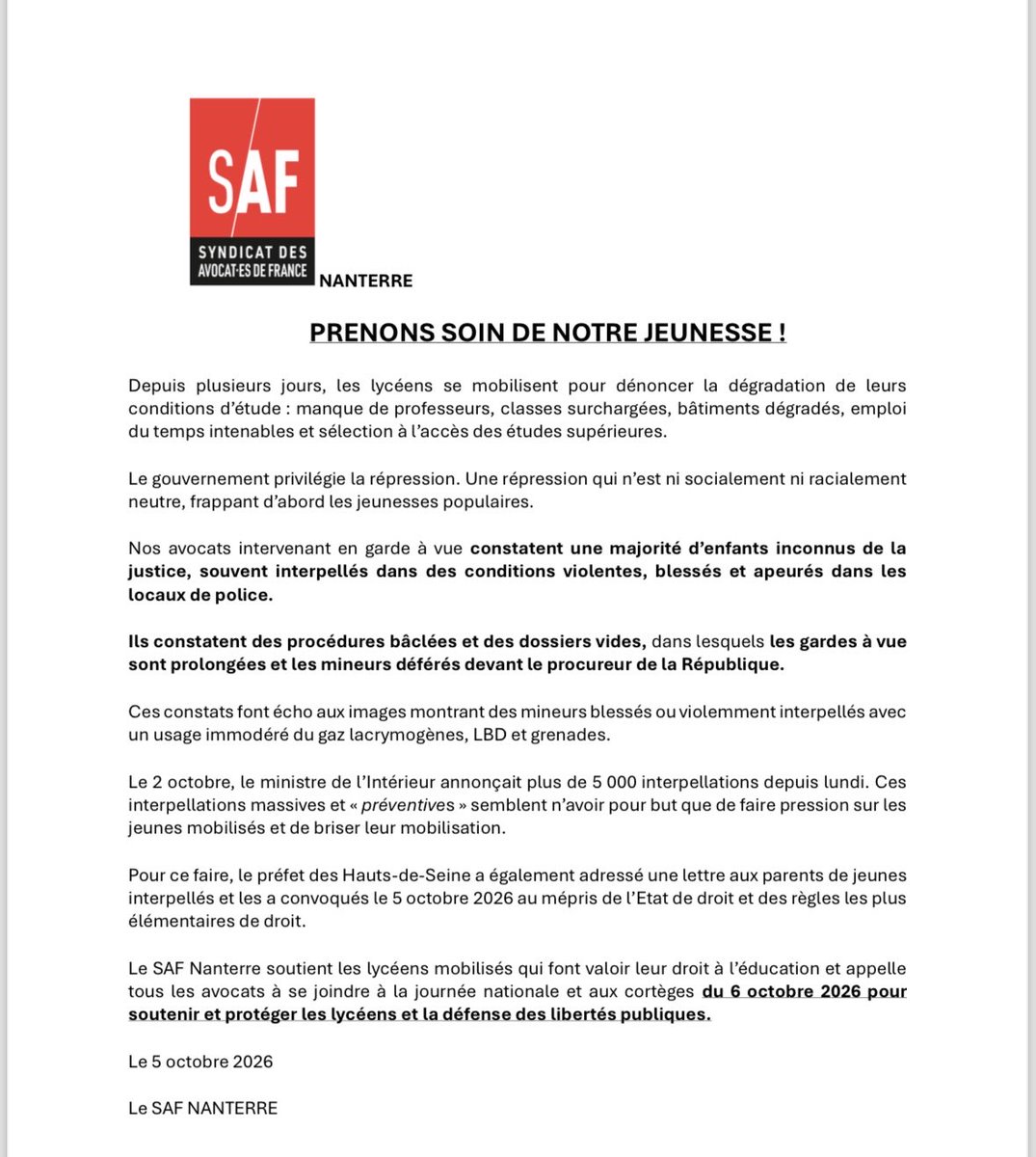SafNanterre's tweet photo. Le SAF de Nanterre sera aux côtés des lycéens et des étudiants mobilisés le 6 octobre pour défendre le service public de l’éducation et les libertés d’expression, de réunion et de manifestation. #lycées #lyceens https://t.co/hSlggGPWKS