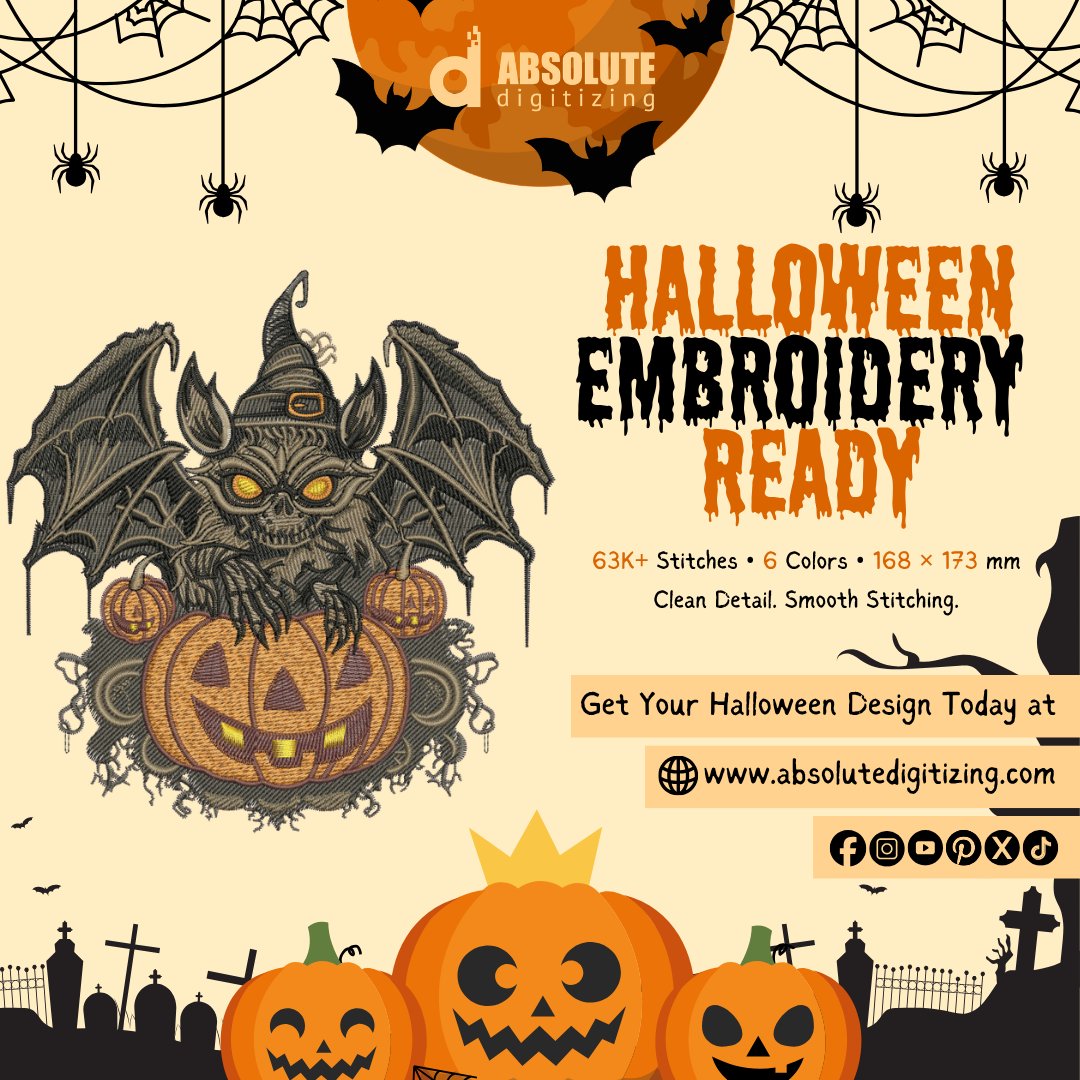 Emb_Digitizing's tweet photo. Spooky season is here!
This Halloween embroidery design features pumpkins, bats, and detailed stitching for a bold finished look.
Need a custom design digitized for embroidery?
Get a quick quote at https://t.co/icpC7EXsxp https://t.co/VV0giZuvTC
