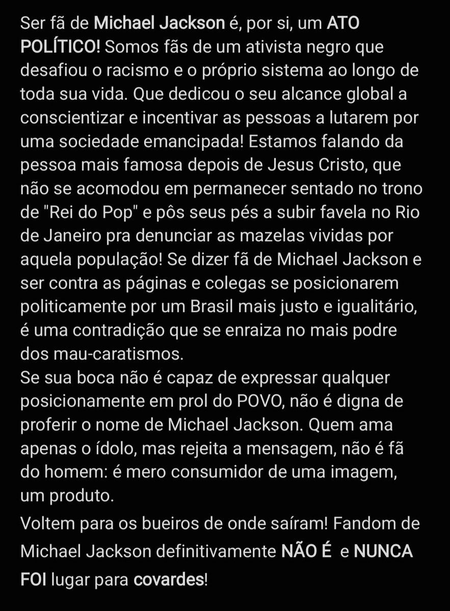 PatotaMJ's tweet photo. Ser MJFAN é UM ATO POLÍTICO! Estamos falando de um ativismo que custou a vida do homem por trás da coroa: preto, pobre e periférico. Mesmo a pura existência de MJ foi um ato de resistência ao sistema que tombou seu corpo, mas não suas ideias! Honre-as, ou VAI PRA CASA DO CARALHO! https://t.co/s2hAbI1IpO