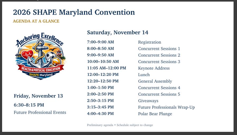 shapemaryland's tweet photo. It's Here!

The 2026 Convention Agenda at a Glance. https://t.co/HxYFKdAACA